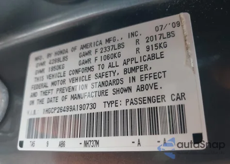 2009 Honda Accord 2.4 Lx-P из США, поврежденный, VIN 1HGCP26499A190730